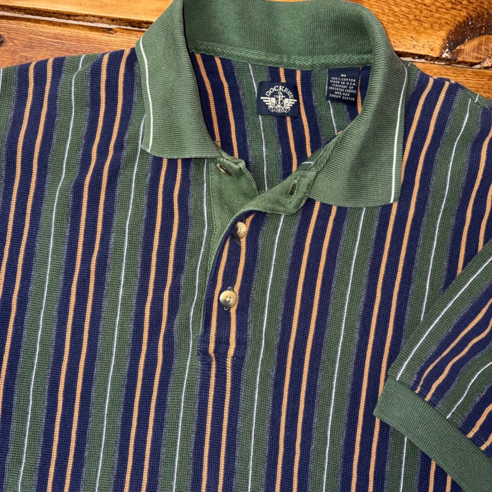 Vintage Dockers Polo Shirt Mens M Green Striped Terry Cloth 1990s Made in USA